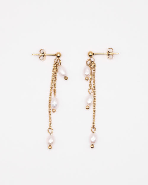 Boucles d’oreilles Marguerite dorées avec perles de culture sur chaînettes